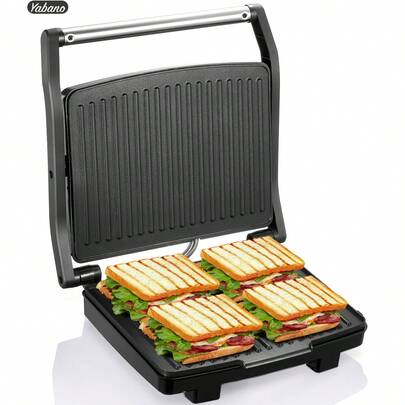 Yabano Panini Press Grill, Gourmet Sandwich Maker, Electric Indoor Grill With Non-Stick Cooking Plate And Removable Drip Tray, Easy To Clean, Stainless Steel