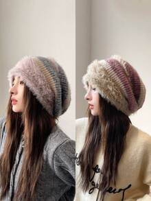 JOYLORD 1 件女士针织无檐便帽，宽松保暖毛绒护耳帽，宽松、百搭、可爱，适合冬季