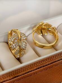 1对叶形水钻耳环，女士款 - 镀金，镶嵌全水晶，时尚吸睛饰品，适合日常/派对佩戴 - 金色 - 查看 5