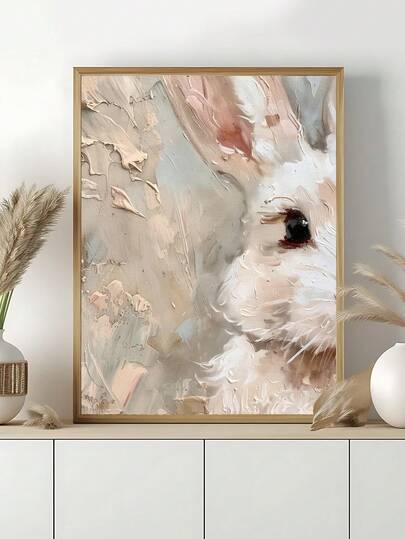 1 pieza Pintura de conejo de Pascua en estilo pastel, impresión de pintura al óleo vintage de conejo blanco y rosa, arte de pared de canasta de Pascua, impresión rústica de huevo y flores silvestres, decoración de granja en tonos neutros, decoración para dormitorio, sala de estar, oficina, cocina, arte de pared, decoración del hogar, decoración de habitación, arte en lienzo, pósteres, arte de pared con marco, marco opcional