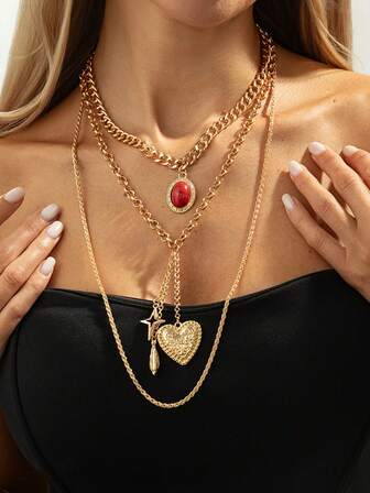 1件复古心形星形吊坠多层项链，女士日常及宴会佩戴饰品，派对服装的理想搭配