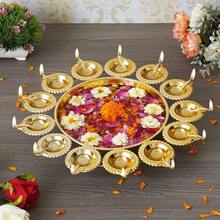 Diya Shape Flower Decorative Urli Bowl For Home Handcrafted Bowl For Floating Flowers And Tea Light Candles HomeOffice And Table Decor Diwali Decoration Items For Home 14 Inches (Design 3) - BrassPolish - View 1