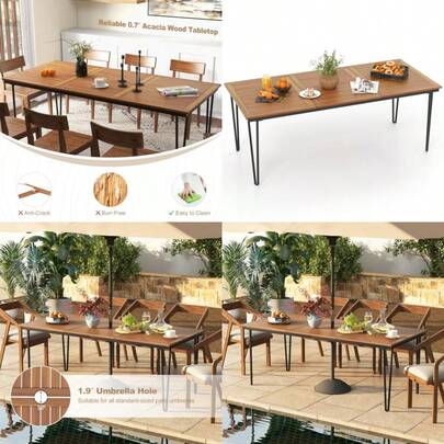 Tangkula - Mesa de comedor para exteriores de 79 pulgadas mesa de patio para 8 personas con orificio para paraguas de 1.9 pulgadas patas de metal y almohadillas para orejas ajustables para piesOutdoor Dining Tables