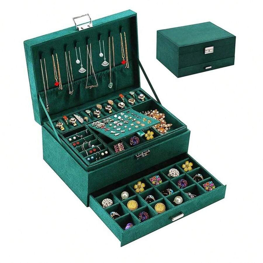 Large Green Suede Jewelry Box With Drawer + Key - 3 Layers - For Rings, Earrings And Necklaces - 彩色 - 查看 1