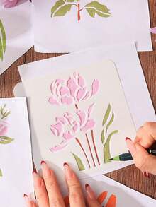 6pcs/Set Simple White PET Flower Outline Drawing Template DIY Flower Hollow Drawing Template Color Drawing Portable Drawing Template Tool - 18*13.8cm - View 2
