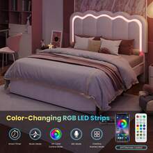 SHA CERLIN Twin/Full/Queen Upholstered Size Bed Frame With LED Lights, Adjustable Velvet Headboard With Wavy Design, Noise Free, Wooden Slats Platform Bed, Easy Assembly, No Box Spring Needed, White - 查看 8