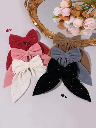 6个红色米色棕色发夹，女士女孩纯色天鹅绒蝴蝶结鳄鱼夹，闪亮水钻装饰蝴蝶结发夹，优雅蝴蝶结发卡，秋冬蝴蝶结发卡，女士发饰，爪夹，发卡