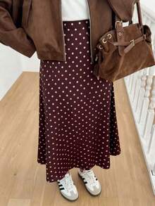Women's Polka Dot Casual Long Versatile Skirt - Brown - View 2