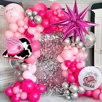 107件套西部风粉色牛仔女郎气球花环套装，包含粉色牛仔帽、“Let's Go Girls”铝箔气球、粉色和银色星爆气球，迪斯科牛仔女郎主题派对用品，适合单身派对、生日庆祝、80/90年代主题派对、女孩生日派对、情人节派对装饰