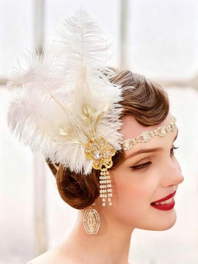 1pc Exaggerated Feather Vintage Crystal Tassel Headband, Suitable For 1920s Renaissance Masquerade Ball Accessories, Women Showgirl Hair Decor