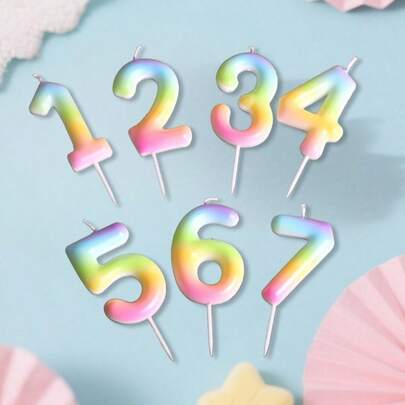 1Pc Rainbow Number Candles 0-9 - Romantic Colorful Cake Decor Plug For Birthday Wedding Valentine's Day Gender Reveal Graduation Adult Ceremony New Year Romantic Date