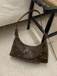 BEIKAMU Fashion Rivet Decor PU Crossbody Bag, Adjustable Shoulder Strap Zipper Closure Versatile Shoulder Bag Messenger Bag, Suitable For University, Commuting, Shopping, Strolling, Daily Use - Coffee - View 5