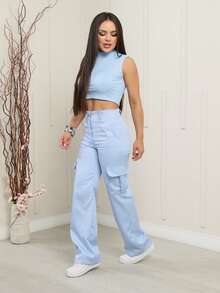 Women's Tailored Cargo Pants, Wide Leg, Side Pockets, High Waist, Casual, Comfortable,  Summer 2025 Fashion - 淺藍色 - 查看 4