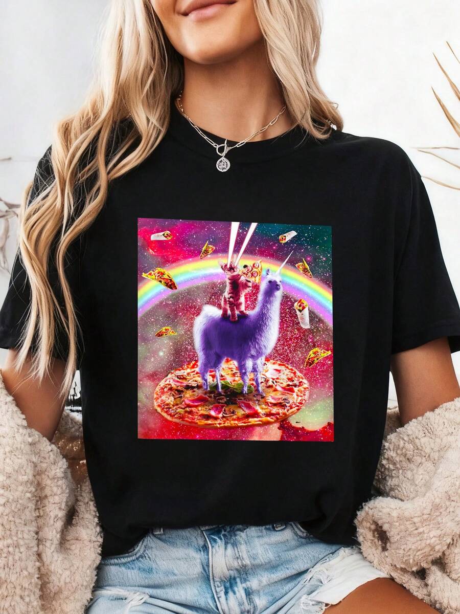 Laser Eyes Outer Space Cat Riding On Llama Unicorn T-Shirt001 - 黑色 - 查看 1