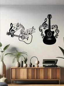 Tranh treo tường hình nốt nhạc và guitar bằng kim loại đen - Hoàn hảo cho phòng học, hội trường, nhà ở và quán cà phê - Trang trí theo phong cách nông trại, đồ sưu tầm cho người yêu nhạc, trang trí phòng ngủ, tranh treo tường chủ đề âm nhạc, quà tặng cho nam/nữ, trang trí phòng lý tưởng, tranh nghệ thuật treo tường, lễ hội âm nhạc. - Nhiều màu - Xem 3