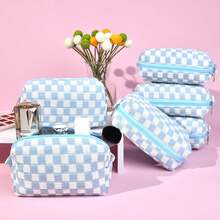 Checkered Makeup Bag Preppy Cosmetic Bag Bulk Blue Makeup Pouch Travel Toiletry Bag Organizer Cute Makeup Brushes Storage Bag Women Fashion - 柔白 - 查看 6