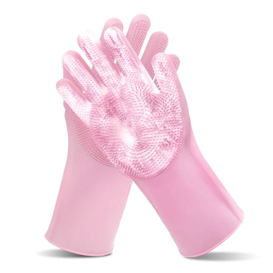Pet Grooming Glove - High-Density Silicone Tooth Dog Bath Glove, Heat-Resistant Cat Deshedder, Enhanced Five-Finger Design For Bathing & Massaging Dogs & Cats (1 Pink Pair) - 粉色 - 查看 1