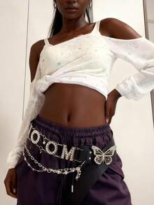 1pc Rhinestone Embellished Letter Buckle Waist Chain Belt, Butterfly Buckle, Y2K Hipster Fashion, Suitable For Streetwear, Music Festivals, Halloween, Christmas, All Occasions - Multicolor - View 6