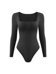 1pc Women's Seamless Long Sleeve Scoop Neck Jumpsuit With Thong Back Design, Flat Belly, Shapewear Jumpsuit, Waist Cincher - Black - View 8