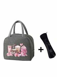 Bolsa de almuerzo aislada con estampado de café rosa, macarrón, lazo y sobre, emparejada con bolsa de almacenamiento de cubiertos negra, de gran capacidad, bolsa térmica enfriadora para estudiantes, bolsa de picnic de viaje portátil, lonchera de oficina y escuela - Multicolor - Ver 22