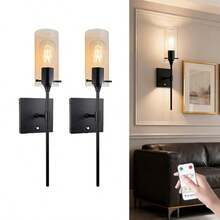 1pc Battery Powered Wireless Wall Light With Remote Control, Dimmable, Rechargeable, Black, Suitable For Living Room, Bedroom, Hallway, Cabin, Includes Bulb - 52cm - View 3