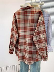 Women's Vintage Red Plaid Front Button Pocket Casual Shirt, Suitable For All Seasons - Red - View 3