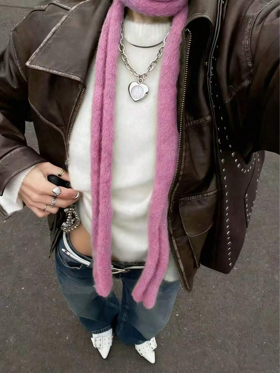 1 pieza Bufanda delgada con borde ligeramente curvado, bufanda larga y versátil de moda, estilo estrecho - rosa púrpura - Ver 1