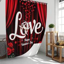1pc/3pcs/4pcs Valentine's Day LOVE Rose Flower Heart Multifunctional Bathroom Decor Shower Curtain Set, Free 12 Hooks Included, Elegant Holiday Atmosphere, Bathroom Mat, U-Shaped Toilet Mat And Round Toilet Mat, Suitable For All Scenarios Bathroom Set - Multicolor - View 30