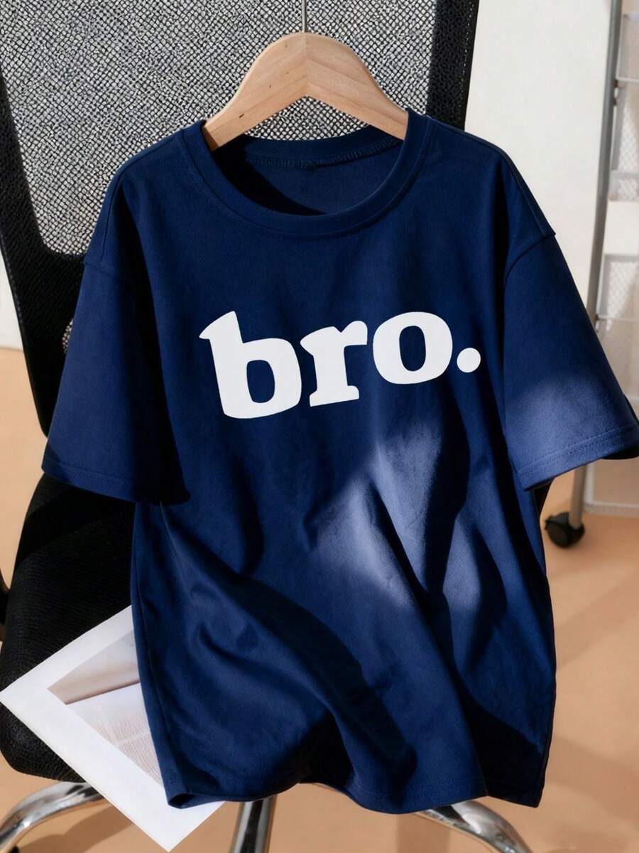 1 件青少年男孩“BRO”字母印花圆领短袖 T 恤，适合男孩的年轻学生休闲上衣 - 藍色 - 查看 1
