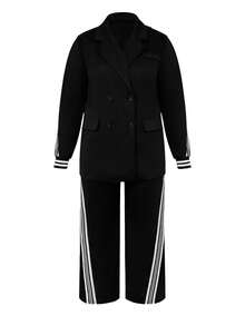 Plus Size 2pcs Solid Color Ribbon Double-Breasted Blazer And Straight Leg Pants, Office & Casual Wear Black Spring Elegant - Black - View 2