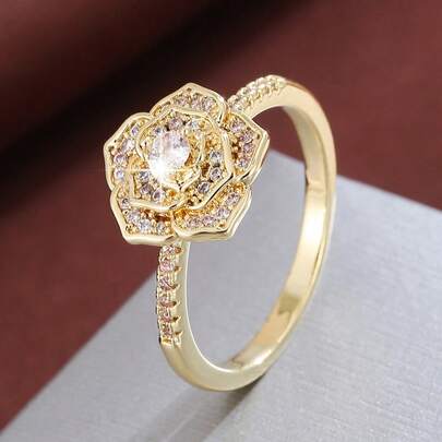 1 chiếc nhẫn thời trang hình hoa hồng thanh lịch đính đá Cubic Zirconia dành cho nữ