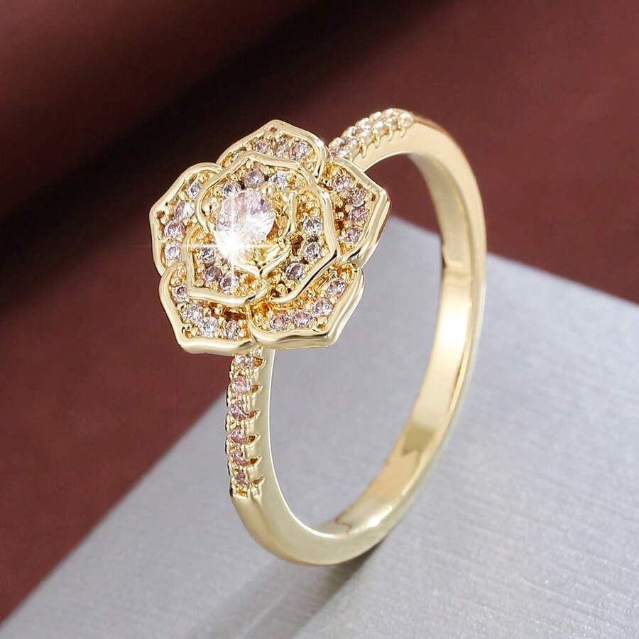 1pc Elegant Rose Shaped Design Cubic Zirconia Inlaid Fashion Ring For Women - Multicolor - View 1