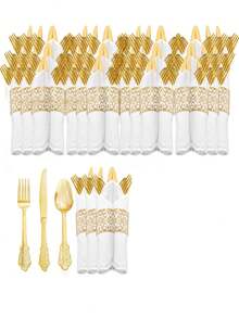 60 Sets Of Gold Simple Retro Style Pre-Rolled Cutlery Knife, Fork And Spoon Sets, Pre-Rolled Napkin Sets With Exquisite Patterns, Heavy Gold Tableware Sets, Perfect For Large Events, Parties, Gatherings, Weddings, Dances, Dinners, Beach Parties, Lovers, Etc. - Cổ điển - 60 chiếc - Xem 1