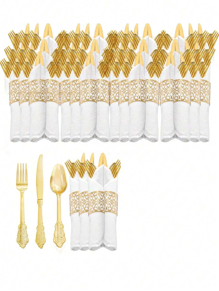 60 Sets Of Gold Simple Retro Style Pre-Rolled Cutlery Knife, Fork And Spoon Sets, Pre-Rolled Napkin Sets With Exquisite Patterns, Heavy Gold Tableware Sets, Perfect For Large Events, Parties, Gatherings, Weddings, Dances, Dinners, Beach Parties, Lovers, Etc. - Cổ điển - 60 chiếc - Xem 1