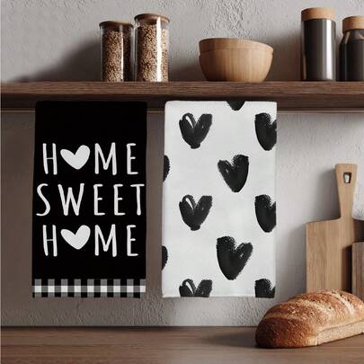 MEMNUN 2pcs Valentine's Day Minimalist Black & White Heart "Home Sweet Home" Text Pattern Kitchen Towels, 15.75*23.62in (40*60cm), Made Of Super Soft And Absorbent Microfiber, Perfect For Dish Drying, Tea Cups, Bathroom & Dining Decor, Cooking & Baking