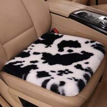 1pc Thick Cow Print Plush Car Seat Cushion, Universal Fit - Black and White - View 15