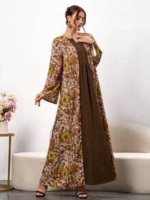 Đầm cổ tròn tay dài họa tiết hoa khối màu thanh lịch dành cho nữ, phù hợp với trang phục thanh lịch và trang phục thường ngày - màu nâu - Xem 4