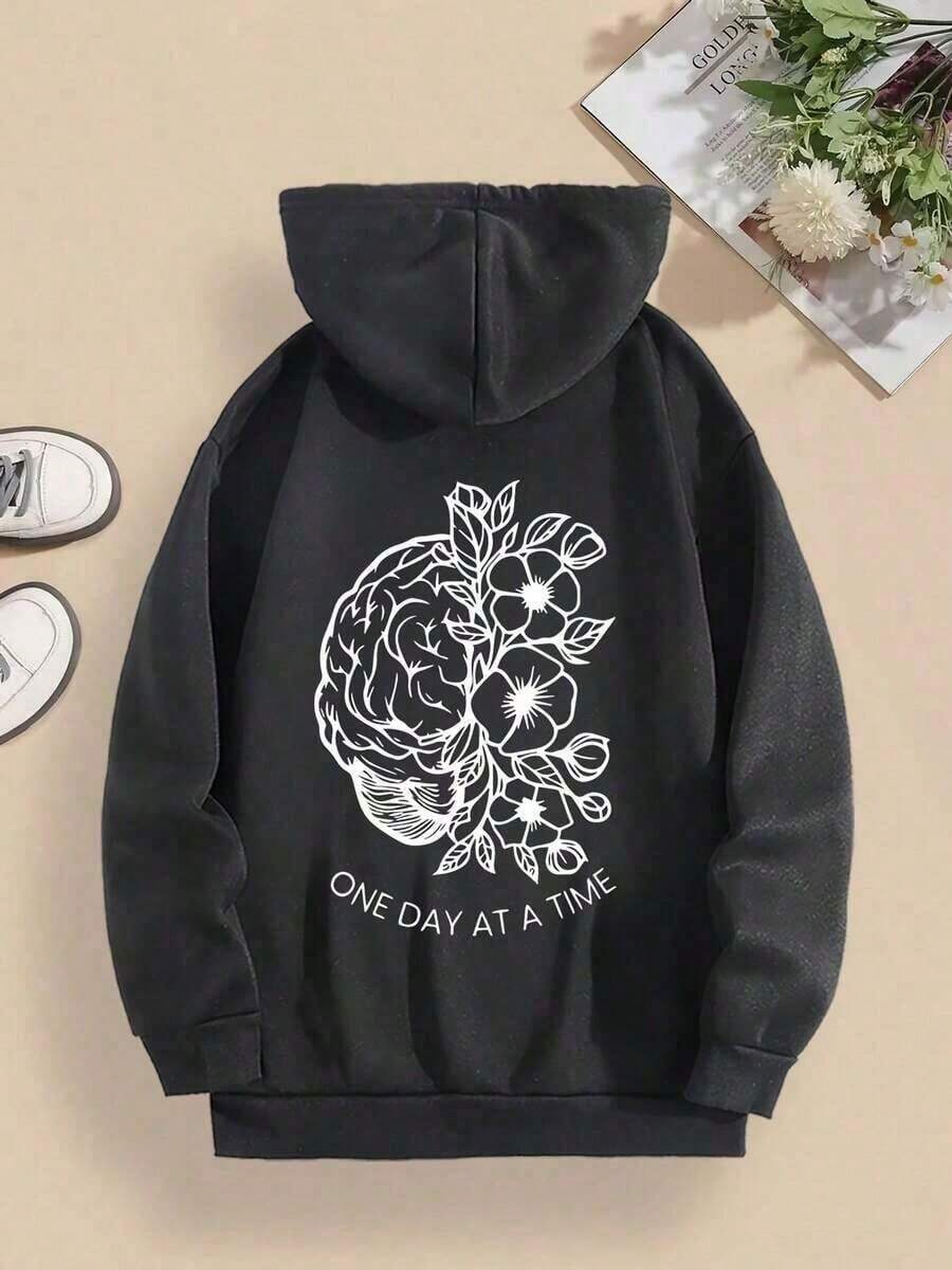 2026 LC Women's One Day At A Addiction Hoodie - Sobriety With Brain & Floral Design, Motivational Mental Apparel Cozy Casual Pullover With Pocket, Washable Fall/Winter SweatshirtWomen's Lightweight Casual Sweatshirt - Long Sleeve Daily Wear Top Spring & Fall Comfortable Soft Cotton TopCasual Daily WearHoodie Autumn And Winter,Male And Female Neutral ,Fall Clothes Plus Size,Sweatshirt,Fall Clothes Women,,Vacation Outfits Women,Valentines Gifts,Summer Outfits Tops - 黑色 - 查看 1