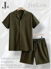 Men's Set: Button-Down Shirt And Shorts, Mauricinho Crepe Style, Sizes P, M, G, GG - Army Green - View 1