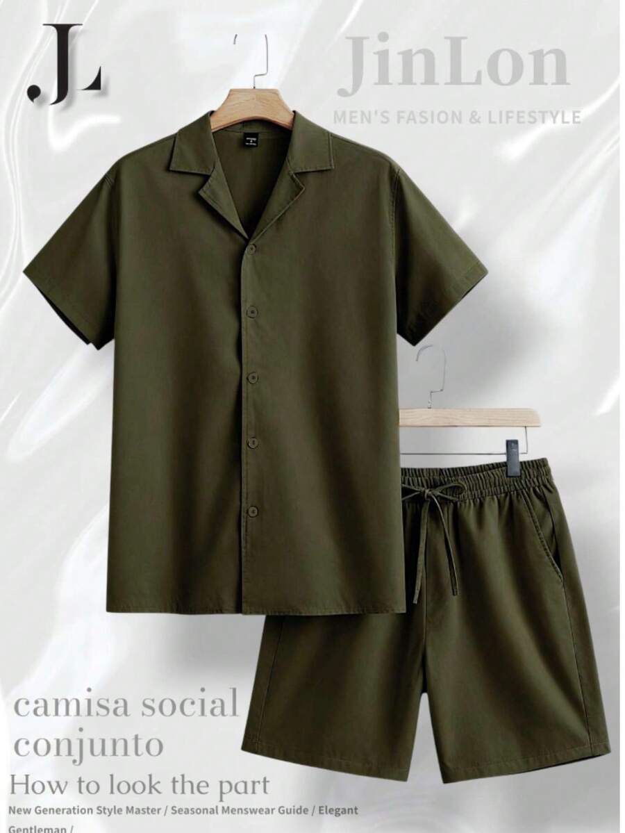 Men's Set: Button-Down Shirt And Shorts, Mauricinho Crepe Style, Sizes P, M, G, GG - Army Green - View 1