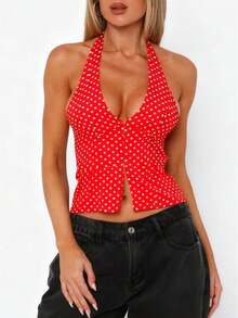 Women's Polka Dot Halter Top, Deep V Neck, Backless, Slim Fit Tank Top With Buttons - 紅色 - 查看 1