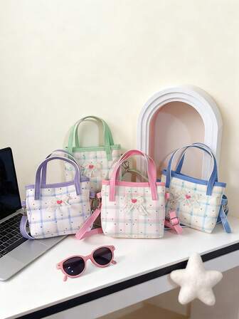 1pc Plaid Heart Print Fabric Women's Handbag, Magnetic Closure PU Patchwork Shoulder Crossbody Bag, Party/Gathering Mini Backpack With Bow Decor, College Style