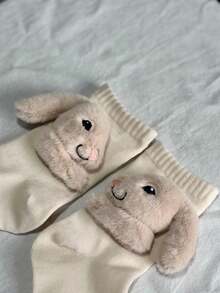 1 Pair Toddler Girls & Boys' Beige 3D Plush Bunny Decor Cute Mid-Calf Socks, Ideal For Easter Party & Spring Outfit - Beige - View 8