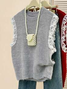 Gilet sans manches en tricot à patchwork de dentelle de couleur unie polyvalent pour femmes, convient pour le printemps - Gris - Voir 3