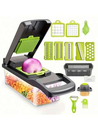16-In-1/14-In-1 Set Vegetable And Onion Chopper, Multifunctional Cutting Machine With Strainer Basket, Carrot And Garlic Chopper With Container - Suitable For Home And Restaurant Use, Essential Kitchen Tool | Durable Multifunctional Vegetable Chopper