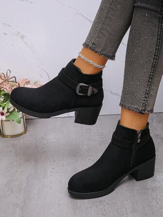 1 Pair Fashionable, Elegant, Casual, Minimalist Street Style Low Heel Ankle Boots For Teenagers, Autumn/Winter