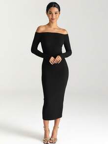 优雅露肩长袖黑色连衣裙，适合晚宴、新年派对，修身剪裁，女士长款连衣裙 - 黑色 - 查看 2