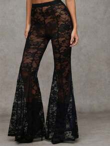 优雅女士独特性感黑色透视修身蕾丝喇叭裤，高腰透视喇叭长裤，纯色透视喇叭裤，略带弹性，打造时尚造型，适合晚宴、夜店、约会、舞台和音乐会等夏季场合。 - 黑色 - 查看 9