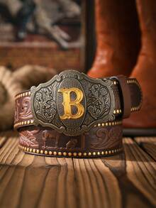 1pc Men's Western Style Letter Buckle PU Leather Belt (Hole Puncher Included) - Yellow Gold - View 18