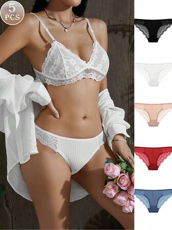 5 PCS Lace Panties Women Sexy Panties Underwear Women Sexy Low-Waist Solid Color Briefs Ladies Panties For Women Romantic Sexy Lace Women's Underwear